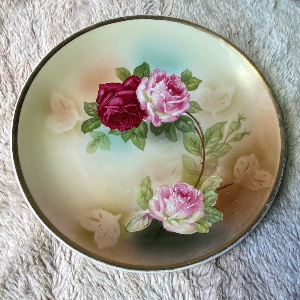 Antique German Hand-painted Gold Gilt Red Pink Rose Flower Decorative Plate